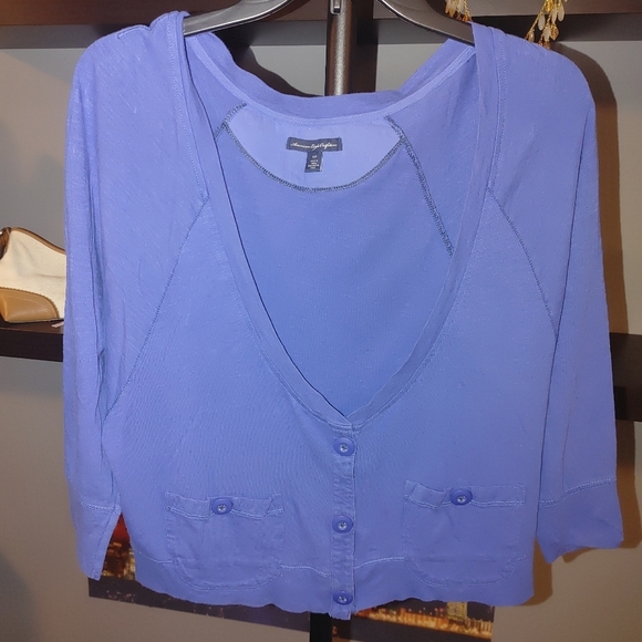 American Eagle Outfitters Blue Crop Buttoned Shirt With Pockets, Size S/P - Picture 1 of 5